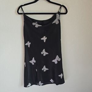 Black Butterfly Print Slip Dress | Y2K Fairycore | Size M